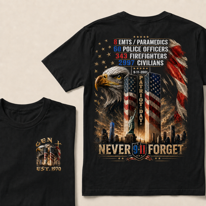 8 Emts/Paramedics 60 Police Officers 343 Firefighters 2997 Civilians 9-11-2001 Patriot Day Never Forget Custom Year T-shirt