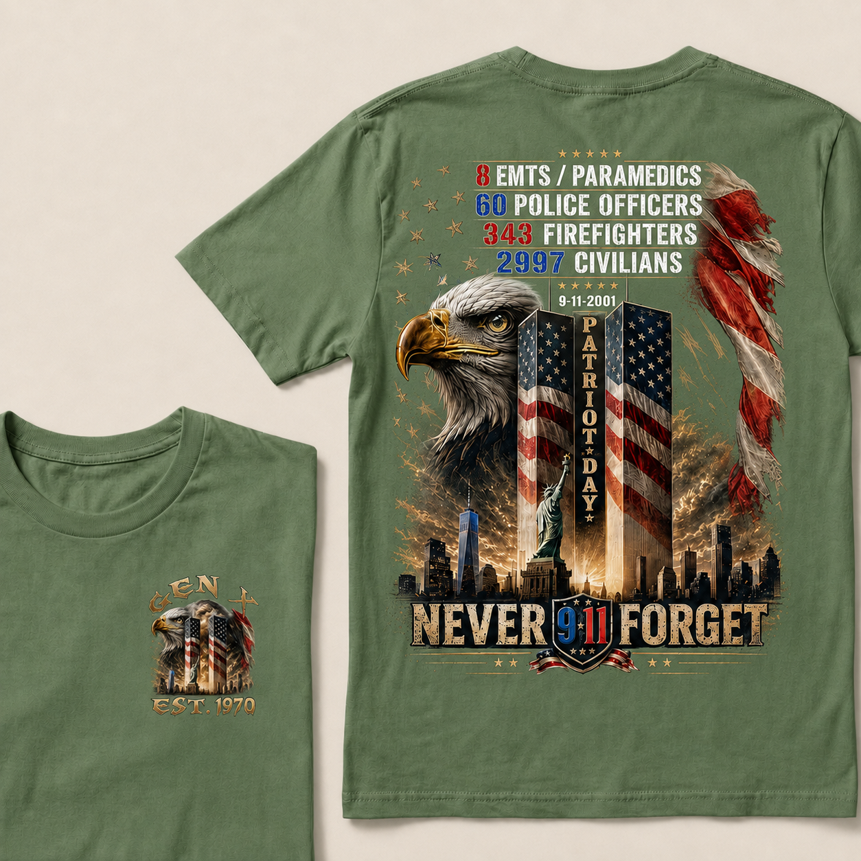 8 Emts/Paramedics 60 Police Officers 343 Firefighters 2997 Civilians 9-11-2001 Patriot Day Never Forget Custom Year T-shirt