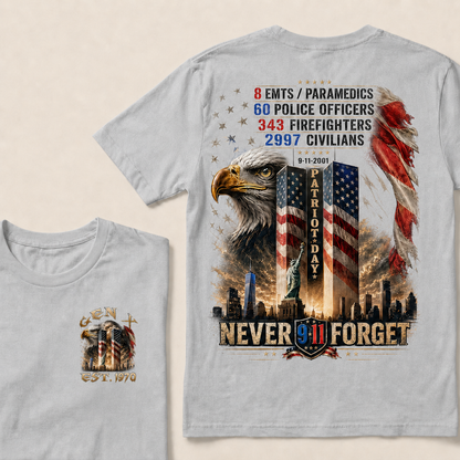 8 Emts/Paramedics 60 Police Officers 343 Firefighters 2997 Civilians 9-11-2001 Patriot Day Never Forget Custom Year T-shirt