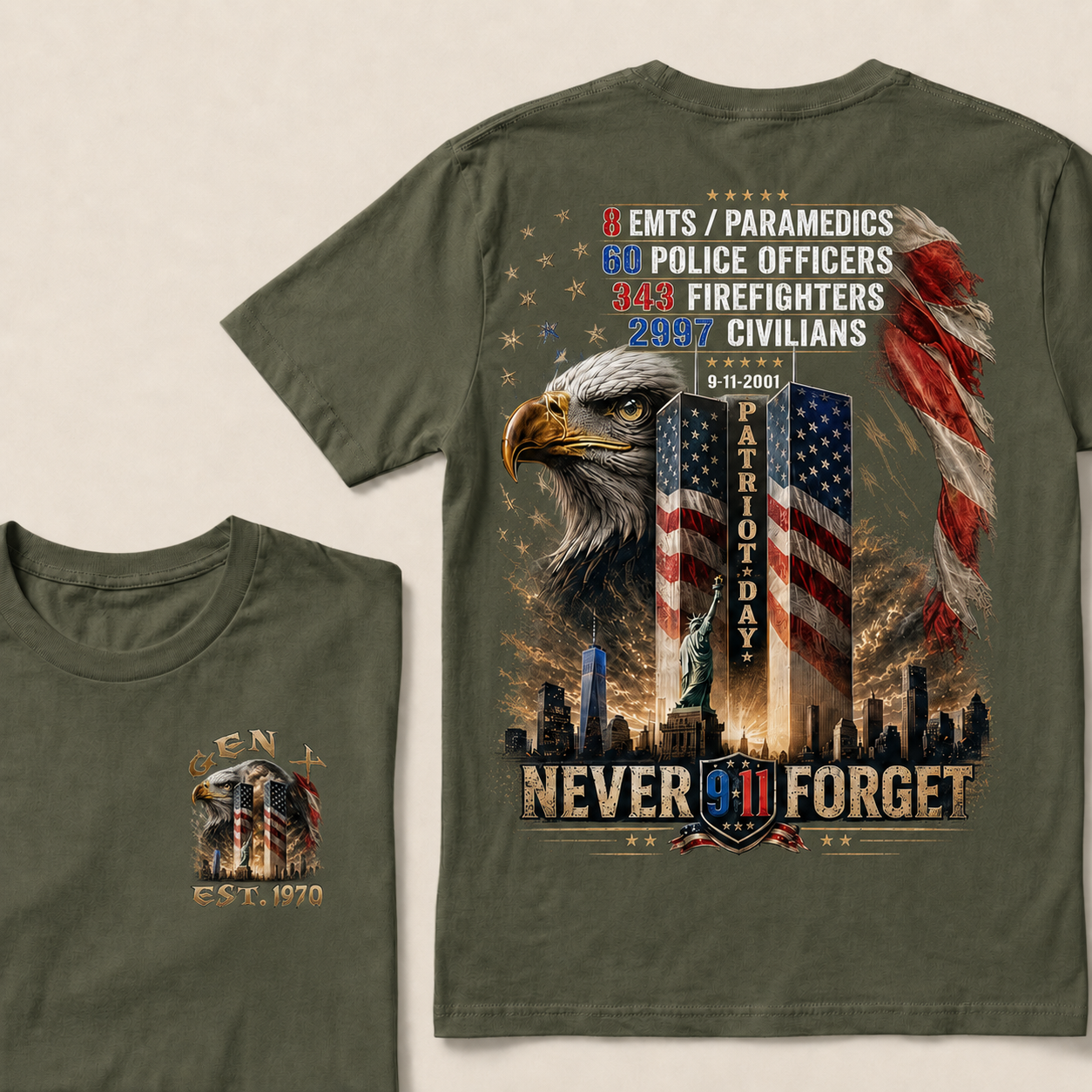 8 Emts/Paramedics 60 Police Officers 343 Firefighters 2997 Civilians 9-11-2001 Patriot Day Never Forget Custom Year T-shirt