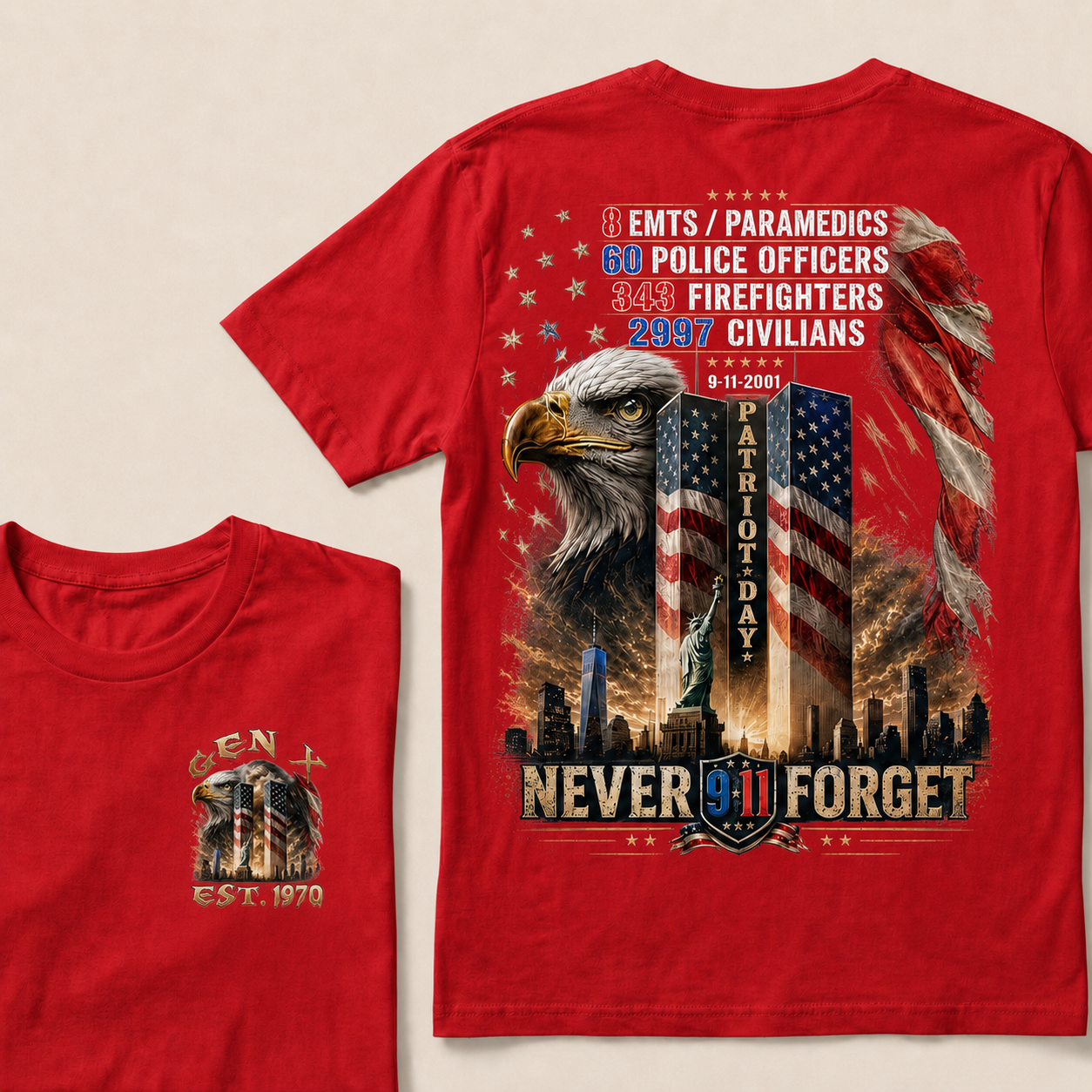 8 Emts/Paramedics 60 Police Officers 343 Firefighters 2997 Civilians 9-11-2001 Patriot Day Never Forget Custom Year T-shirt
