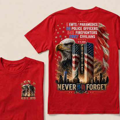 8 Emts/Paramedics 60 Police Officers 343 Firefighters 2997 Civilians 9-11-2001 Patriot Day Never Forget Custom Year T-shirt