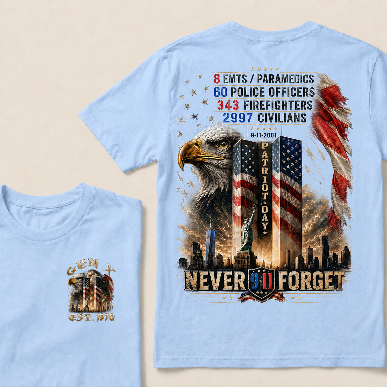8 Emts/Paramedics 60 Police Officers 343 Firefighters 2997 Civilians 9-11-2001 Patriot Day Never Forget Custom Year T-shirt