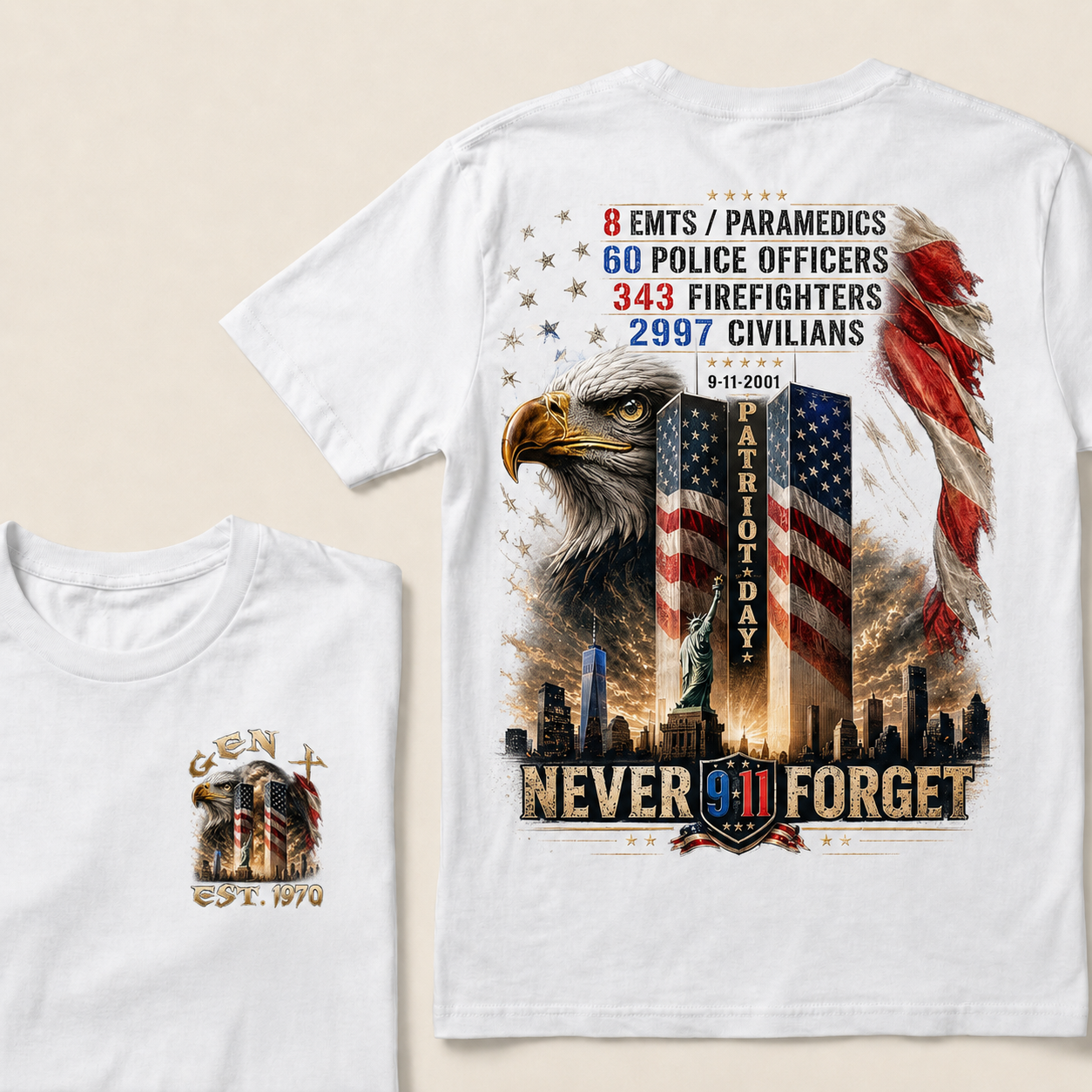 8 Emts/Paramedics 60 Police Officers 343 Firefighters 2997 Civilians 9-11-2001 Patriot Day Never Forget Custom Year T-shirt