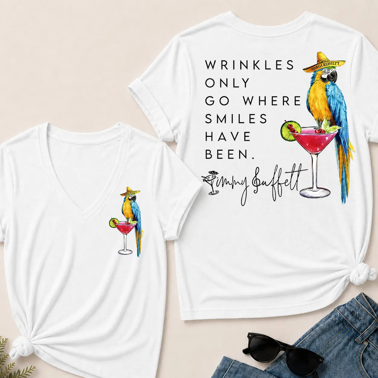 "Wrinkles Only Go Where Smiles Have Been" – Jimmy Buffett Tribute V-Neck Tee